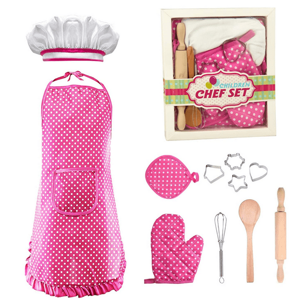 Kitchen Costume Role Play for Baby Girls Apron Chef Hat Baking Cooking Mitt